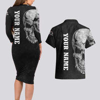 Bowling Skull Couples Matching Long Sleeve Bodycon Dress and Hawaiian Shirt with American Flag and Custom Name Text Design - Wonder Print Shop