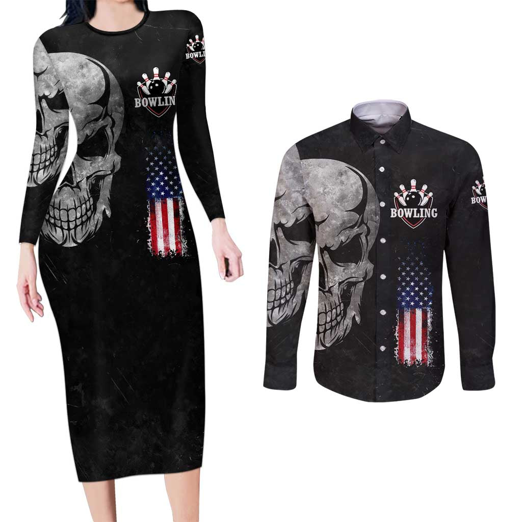 Bowling Skull Couples Matching Long Sleeve Bodycon Dress and Long Sleeve Button Shirt with American Flag and Custom Name Text Design - Wonder Print Shop