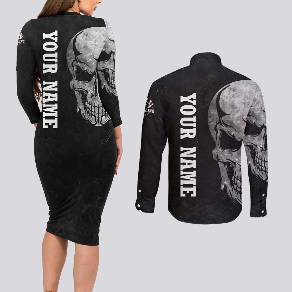 Bowling Skull Couples Matching Long Sleeve Bodycon Dress and Long Sleeve Button Shirt with American Flag and Custom Name Text Design - Wonder Print Shop