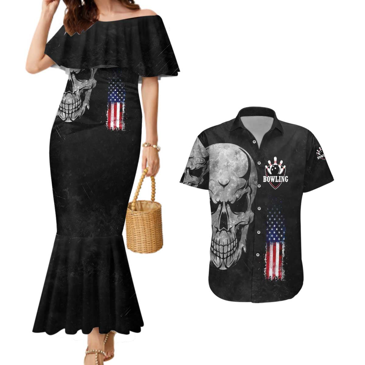 Bowling Skull Couples Matching Mermaid Dress and Hawaiian Shirt with American Flag and Custom Name Text Design - Wonder Print Shop
