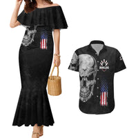 Bowling Skull Couples Matching Mermaid Dress and Hawaiian Shirt with American Flag and Custom Name Text Design - Wonder Print Shop