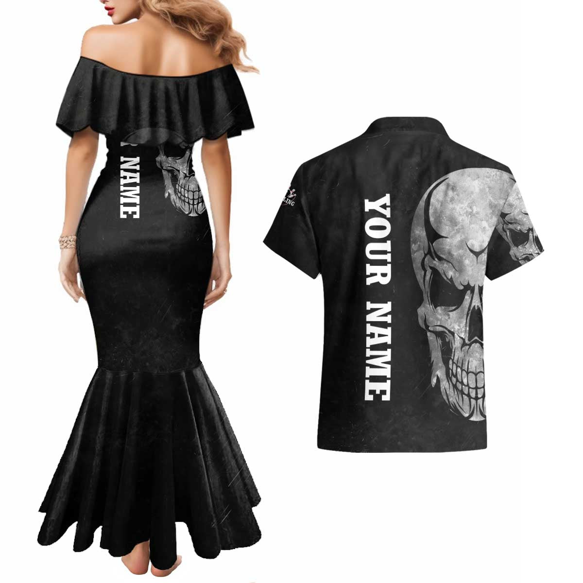 Bowling Skull Couples Matching Mermaid Dress and Hawaiian Shirt with American Flag and Custom Name Text Design - Wonder Print Shop