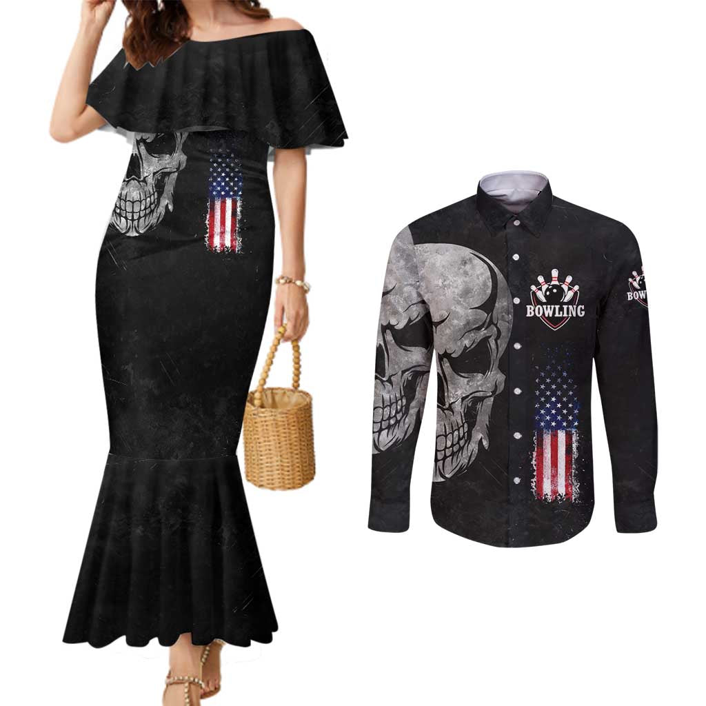 Bowling Skull Couples Matching Mermaid Dress and Long Sleeve Button Shirt with American Flag and Custom Name Text Design - Wonder Print Shop