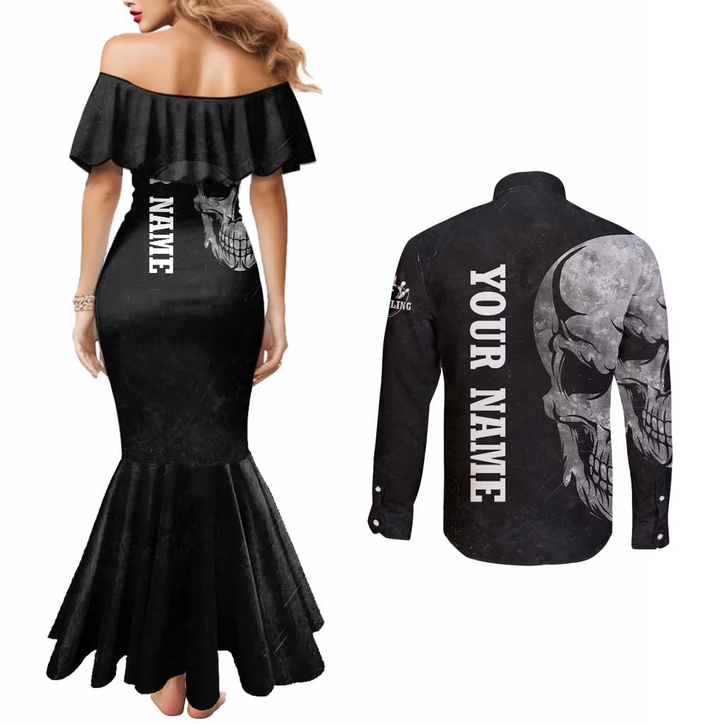 Bowling Skull Couples Matching Mermaid Dress and Long Sleeve Button Shirt with American Flag and Custom Name Text Design - Wonder Print Shop