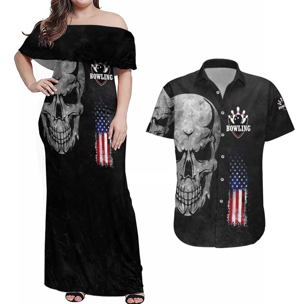 Bowling Skull Couples Matching Off Shoulder Maxi Dress and Hawaiian Shirt with American Flag and Custom Name Text Design - Wonder Print Shop