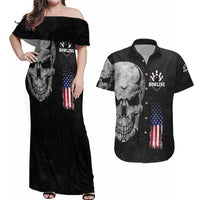 Bowling Skull Couples Matching Off Shoulder Maxi Dress and Hawaiian Shirt with American Flag and Custom Name Text Design - Wonder Print Shop