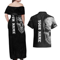Bowling Skull Couples Matching Off Shoulder Maxi Dress and Hawaiian Shirt with American Flag and Custom Name Text Design - Wonder Print Shop