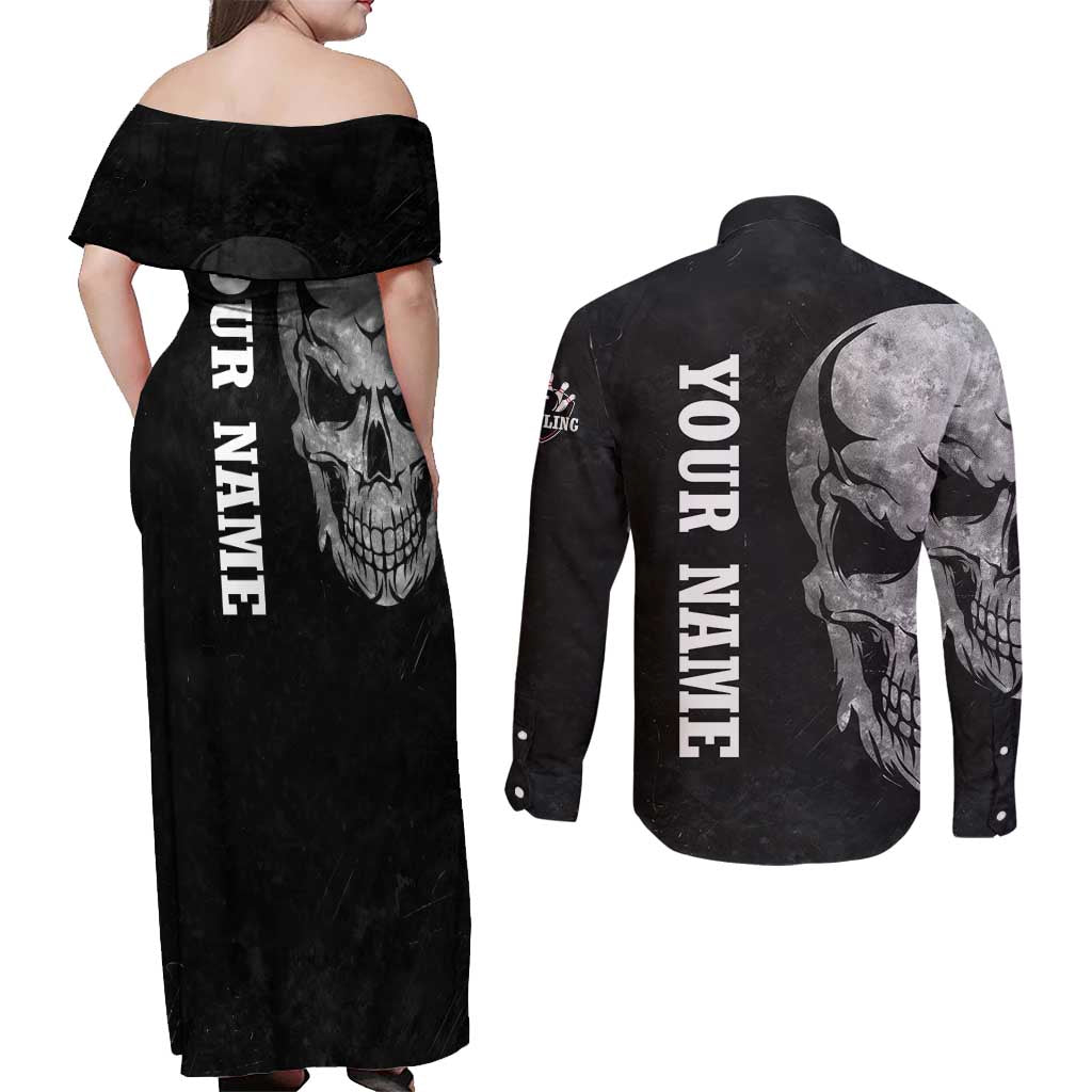 Bowling Skull Couples Matching Off Shoulder Maxi Dress and Long Sleeve Button Shirt with American Flag and Custom Name Text Design - Wonder Print Shop