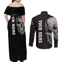 Bowling Skull Couples Matching Off Shoulder Maxi Dress and Long Sleeve Button Shirt with American Flag and Custom Name Text Design - Wonder Print Shop
