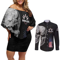 Bowling Skull Couples Matching Off Shoulder Short Dress and Long Sleeve Button Shirt with American Flag and Custom Name Text Design - Wonder Print Shop