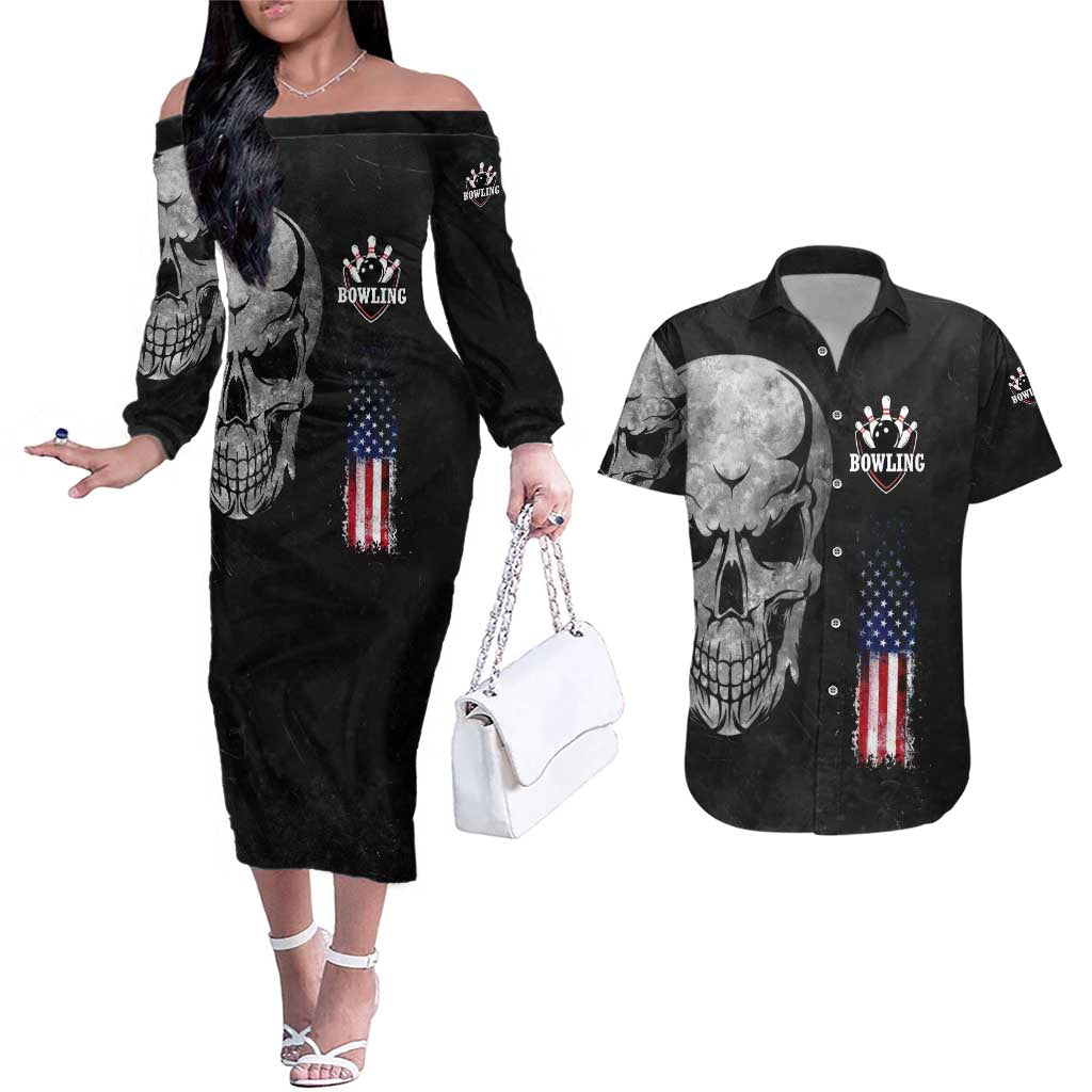 Bowling Skull Couples Matching Off The Shoulder Long Sleeve Dress and Hawaiian Shirt with American Flag and Custom Name Text Design - Wonder Print Shop