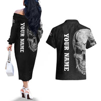 Bowling Skull Couples Matching Off The Shoulder Long Sleeve Dress and Hawaiian Shirt with American Flag and Custom Name Text Design - Wonder Print Shop
