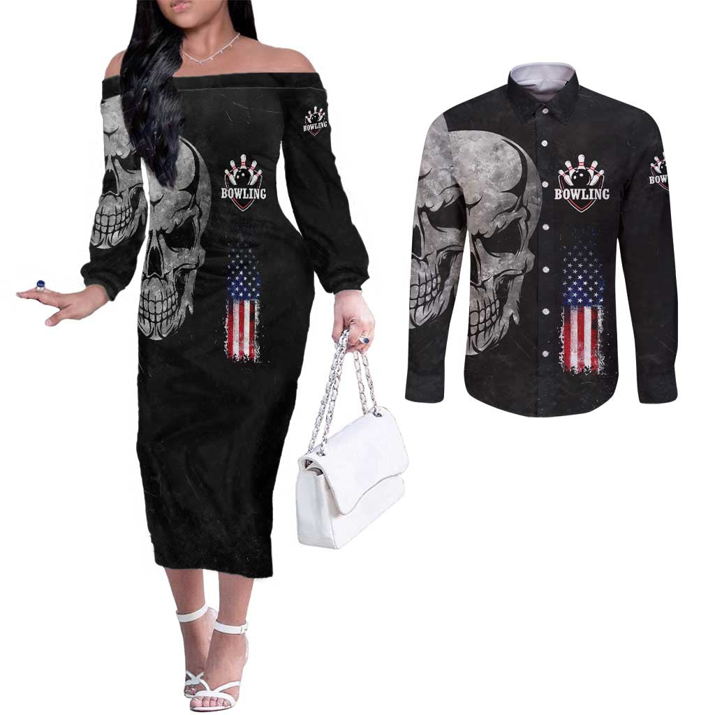 Bowling Skull Couples Matching Off The Shoulder Long Sleeve Dress and Long Sleeve Button Shirt with American Flag and Custom Name Text Design - Wonder Print Shop