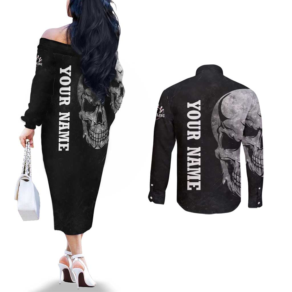 Bowling Skull Couples Matching Off The Shoulder Long Sleeve Dress and Long Sleeve Button Shirt with American Flag and Custom Name Text Design - Wonder Print Shop