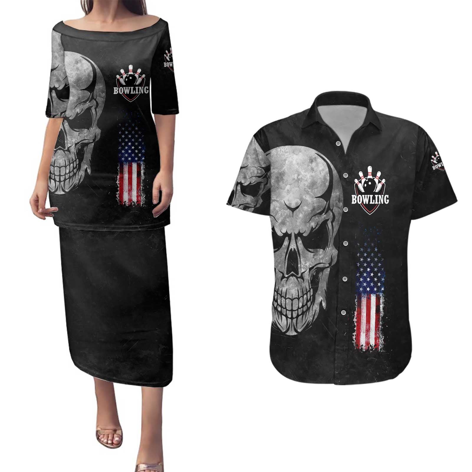 Bowling Skull Couples Matching Puletasi and Hawaiian Shirt with American Flag and Custom Name Text Design - Wonder Print Shop