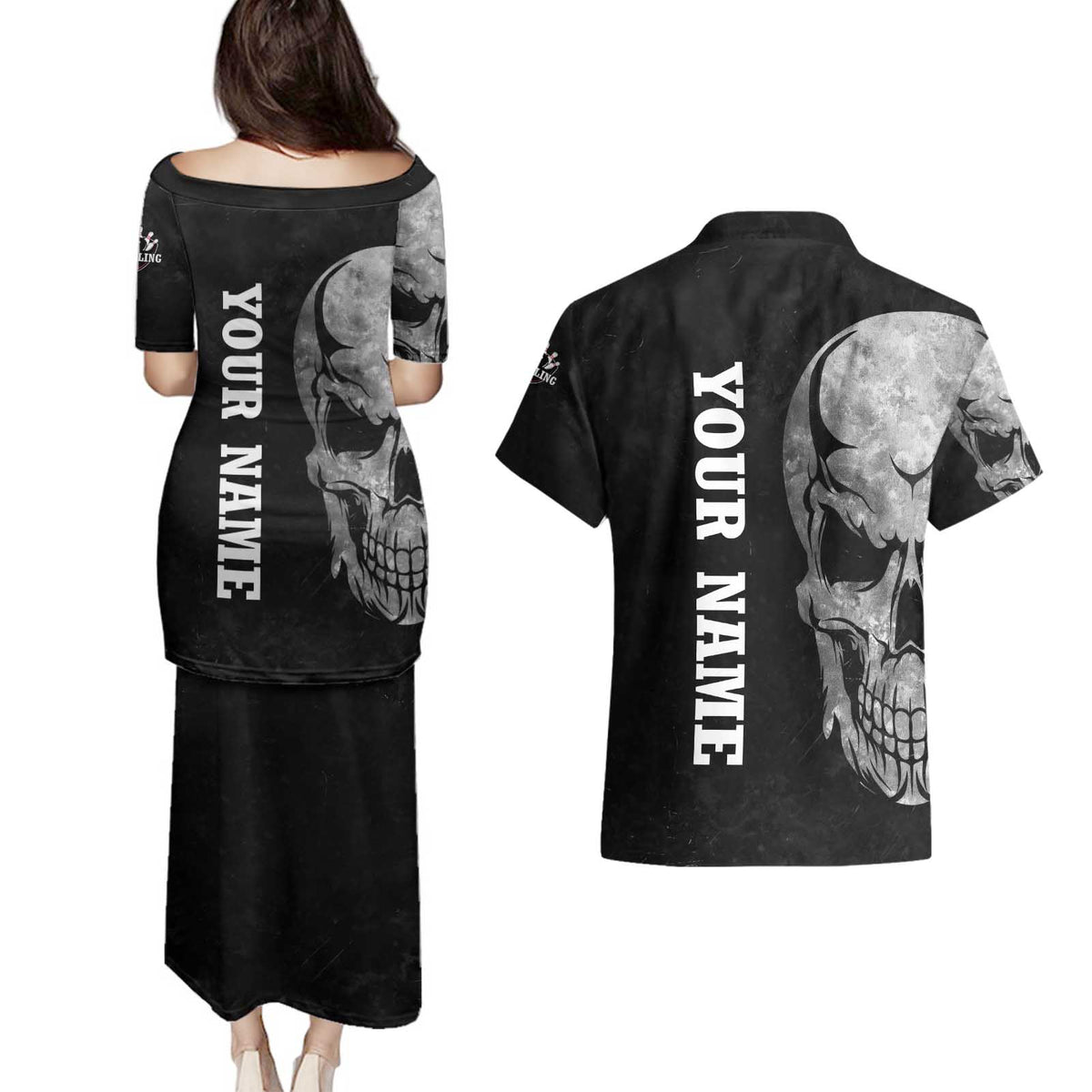 Bowling Skull Couples Matching Puletasi and Hawaiian Shirt with American Flag and Custom Name Text Design - Wonder Print Shop