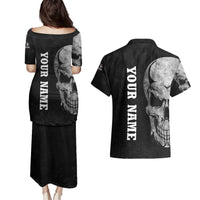 Bowling Skull Couples Matching Puletasi and Hawaiian Shirt with American Flag and Custom Name Text Design - Wonder Print Shop