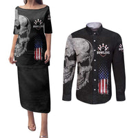 Bowling Skull Couples Matching Puletasi and Long Sleeve Button Shirt with American Flag and Custom Name Text Design - Wonder Print Shop