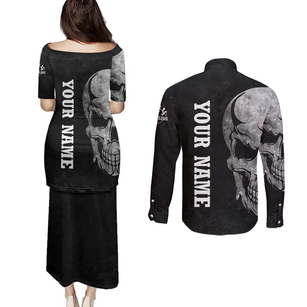Bowling Skull Couples Matching Puletasi and Long Sleeve Button Shirt with American Flag and Custom Name Text Design - Wonder Print Shop