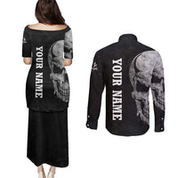 Bowling Skull Couples Matching Puletasi and Long Sleeve Button Shirt with American Flag and Custom Name Text Design - Wonder Print Shop