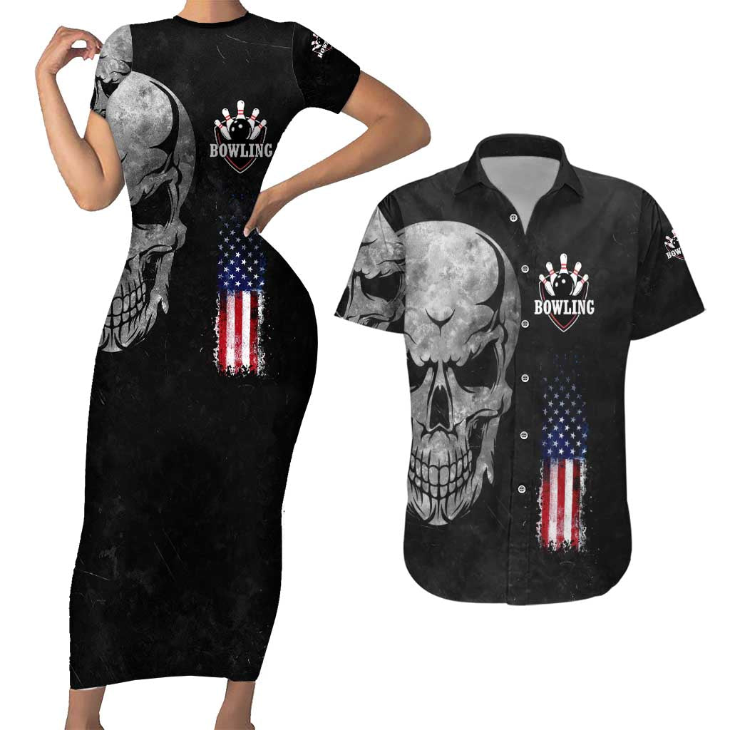 Bowling Skull Couples Matching Short Sleeve Bodycon Dress and Hawaiian Shirt with American Flag and Custom Name Text Design - Wonder Print Shop