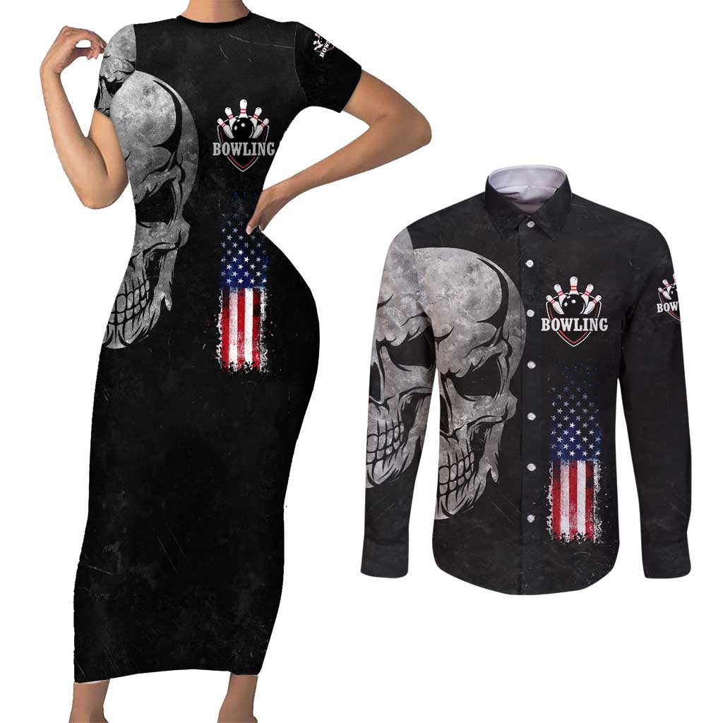 Bowling Skull Couples Matching Short Sleeve Bodycon Dress and Long Sleeve Button Shirt with American Flag and Custom Name Text Design - Wonder Print Shop