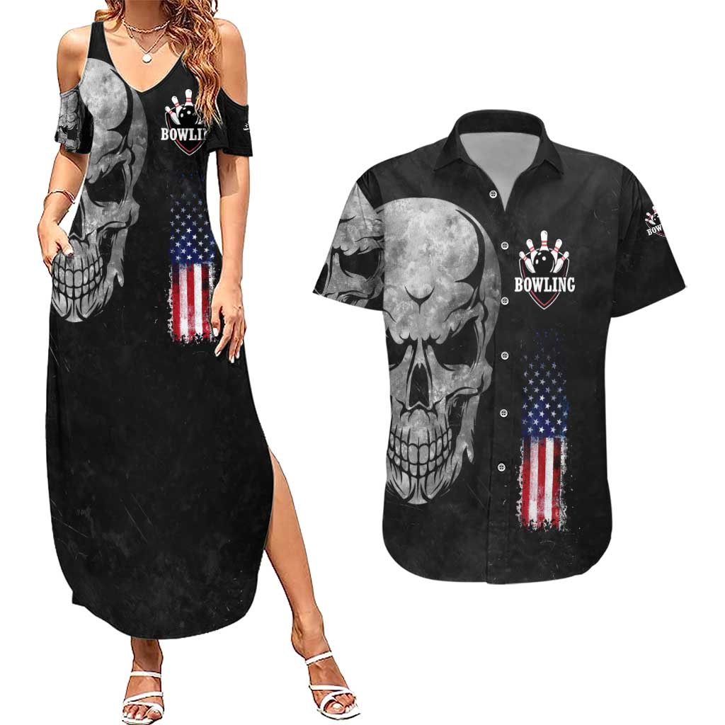 Bowling Skull Couples Matching Summer Maxi Dress and Hawaiian Shirt with American Flag and Custom Name Text Design - Wonder Print Shop
