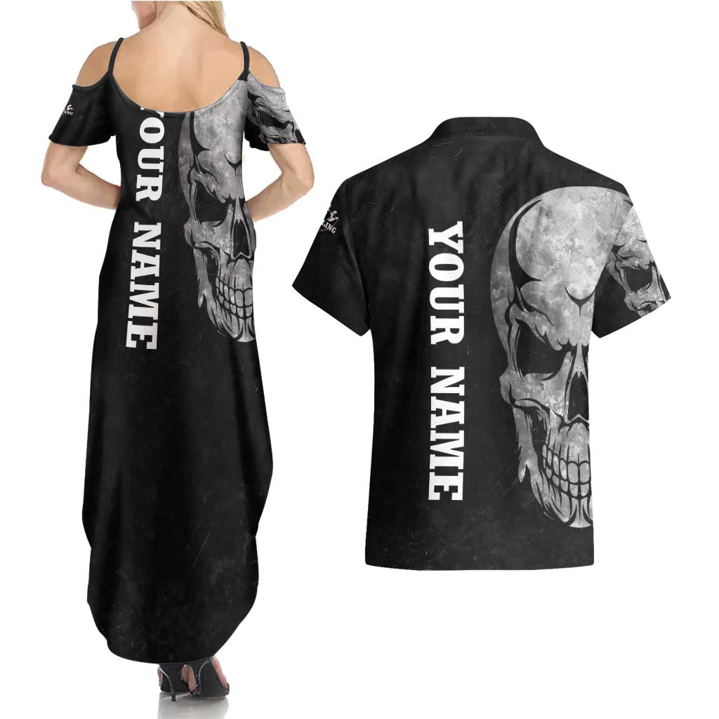 Bowling Skull Couples Matching Summer Maxi Dress and Hawaiian Shirt with American Flag and Custom Name Text Design - Wonder Print Shop