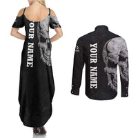 Bowling Skull Couples Matching Summer Maxi Dress and Long Sleeve Button Shirt with American Flag and Custom Name Text Design - Wonder Print Shop