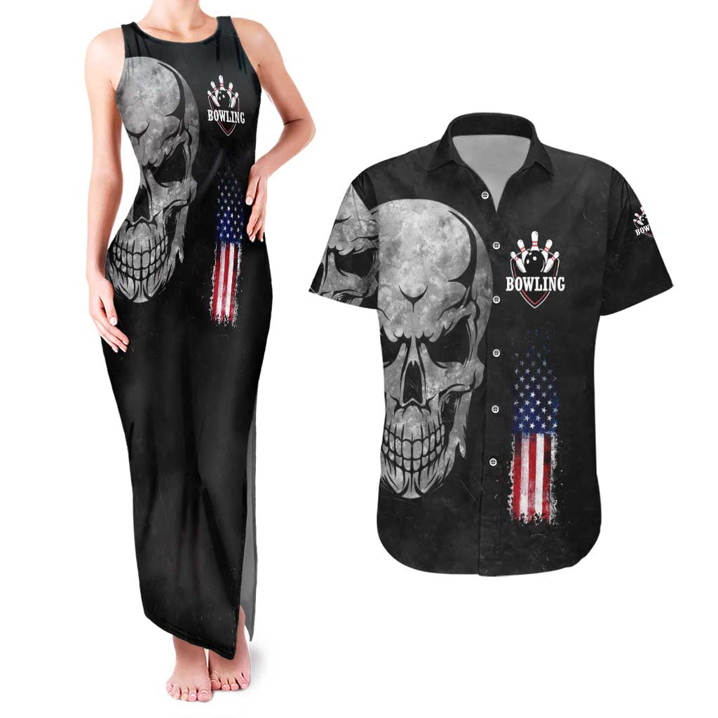 Bowling Skull Couples Matching Tank Maxi Dress and Hawaiian Shirt with American Flag and Custom Name Text Design - Wonder Print Shop