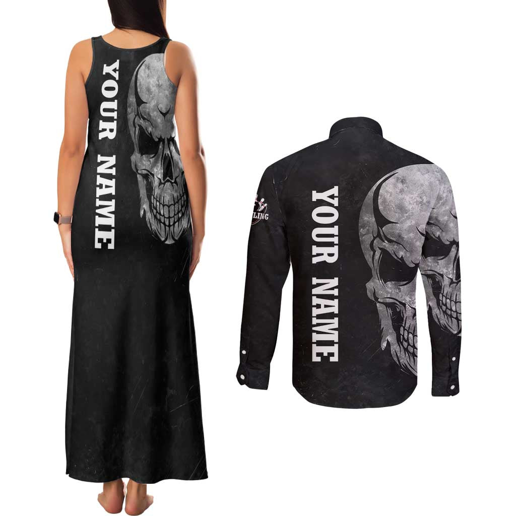 Bowling Skull Couples Matching Tank Maxi Dress and Long Sleeve Button Shirt with American Flag and Custom Name Text Design - Wonder Print Shop