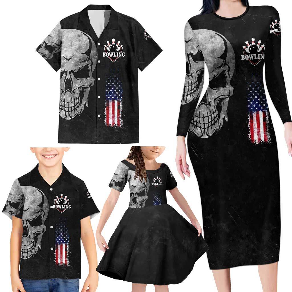 Bowling Skull Family Matching Long Sleeve Bodycon Dress and Hawaiian Shirt with American Flag and Custom Name Text Design - Wonder Print Shop