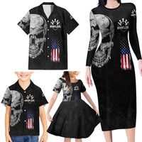 Bowling Skull Family Matching Long Sleeve Bodycon Dress and Hawaiian Shirt with American Flag and Custom Name Text Design - Wonder Print Shop