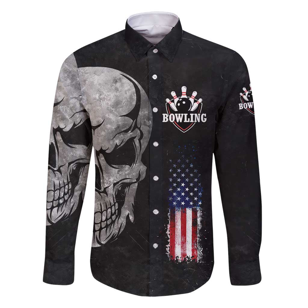 Bowling Skull Family Matching Long Sleeve Bodycon Dress and Hawaiian Shirt with American Flag and Custom Name Text Design - Wonder Print Shop