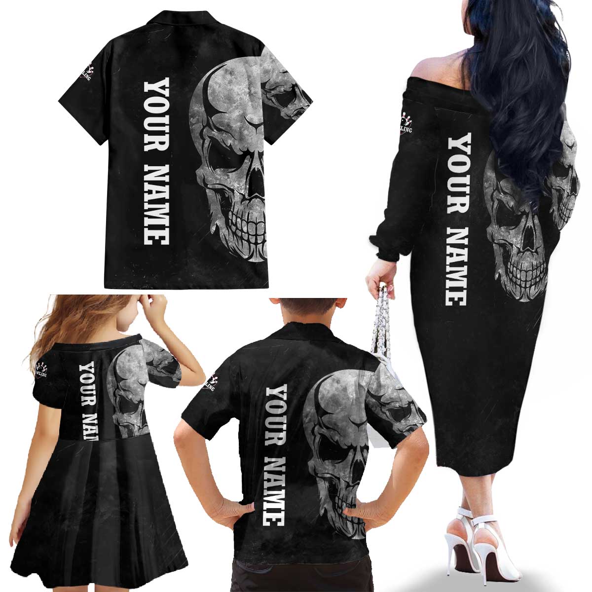 Bowling Skull Family Matching Off The Shoulder Long Sleeve Dress and Hawaiian Shirt with American Flag and Custom Name Text Design - Wonder Print Shop