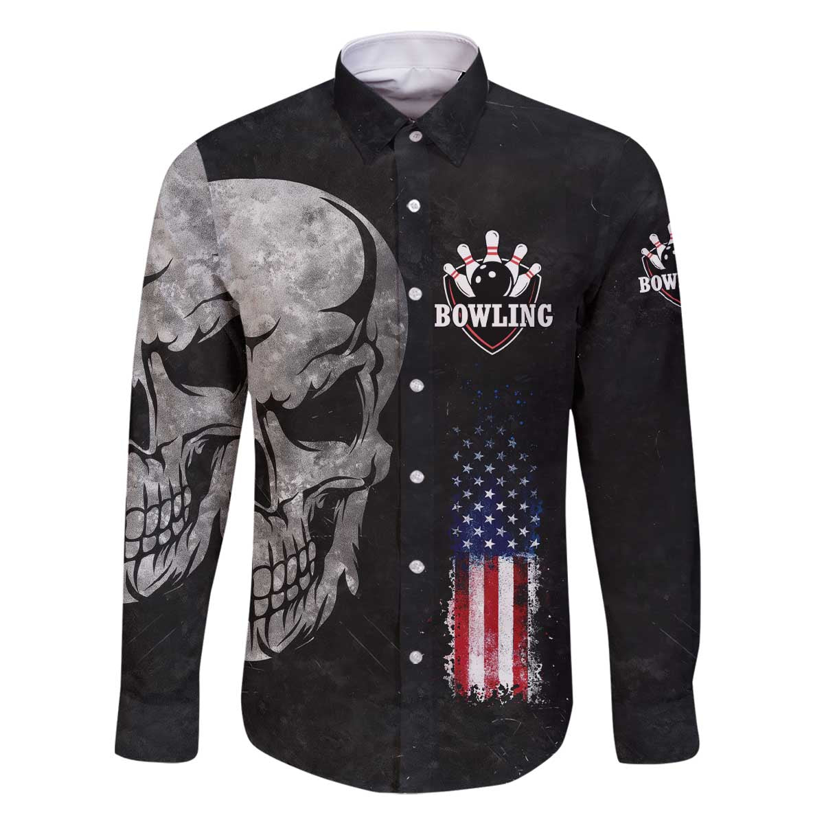 Bowling Skull Family Matching Off The Shoulder Long Sleeve Dress and Hawaiian Shirt with American Flag and Custom Name Text Design - Wonder Print Shop