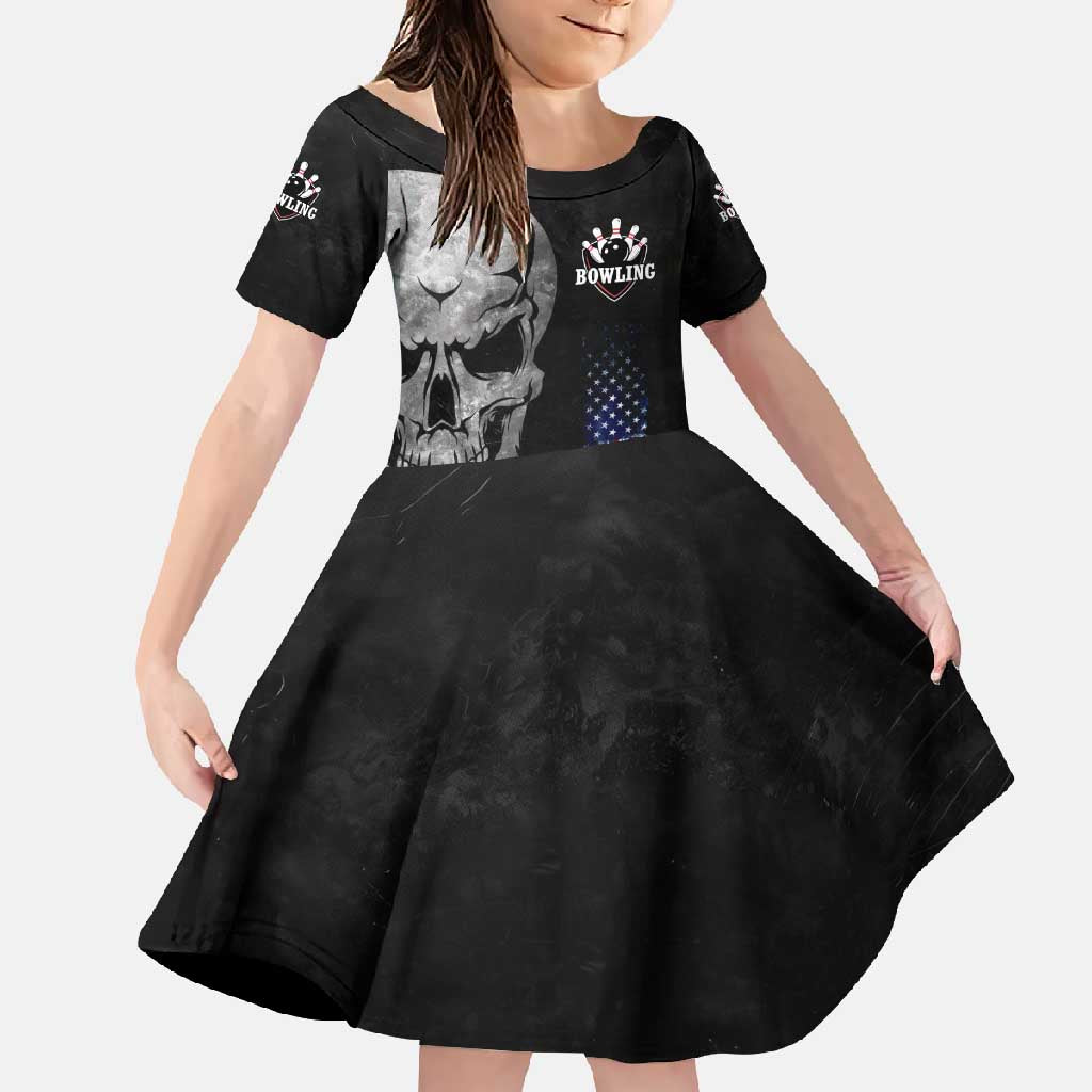 Bowling Skull Family Matching Off Shoulder Maxi Dress and Hawaiian Shirt with American Flag and Custom Name Text Design - Wonder Print Shop