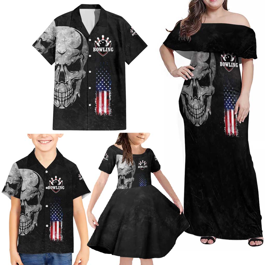 Bowling Skull Family Matching Off Shoulder Maxi Dress and Hawaiian Shirt with American Flag and Custom Name Text Design - Wonder Print Shop