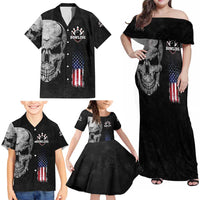 Bowling Skull Family Matching Off Shoulder Maxi Dress and Hawaiian Shirt with American Flag and Custom Name Text Design - Wonder Print Shop