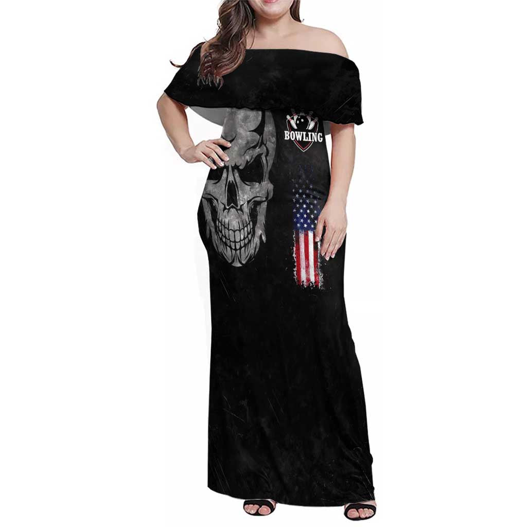 Bowling Skull Family Matching Off Shoulder Maxi Dress and Hawaiian Shirt with American Flag and Custom Name Text Design - Wonder Print Shop