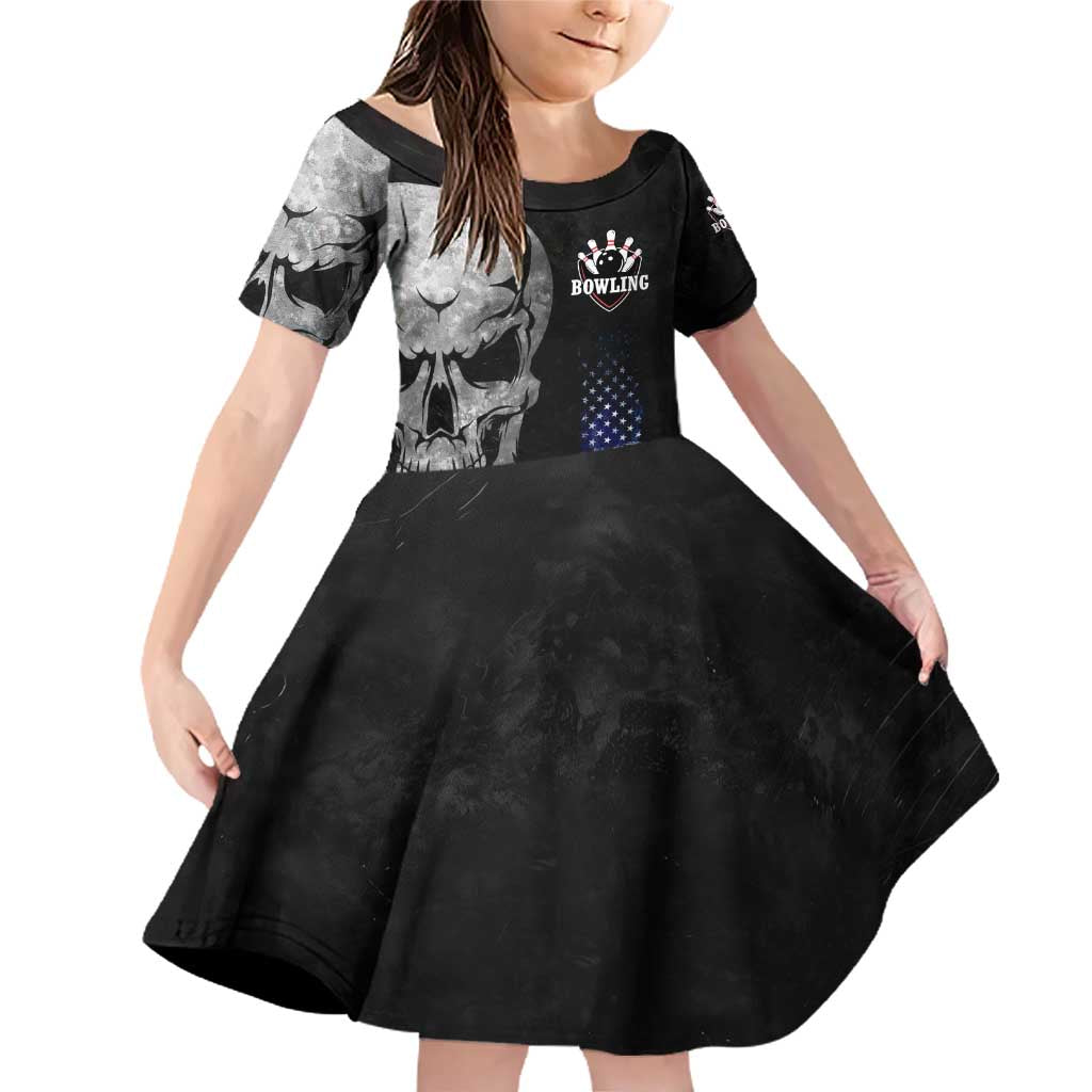 Bowling Skull Family Matching Off Shoulder Short Dress and Hawaiian Shirt with American Flag and Custom Name Text Design - Wonder Print Shop