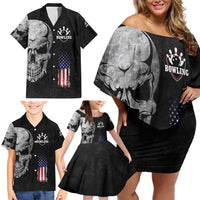 Bowling Skull Family Matching Off Shoulder Short Dress and Hawaiian Shirt with American Flag and Custom Name Text Design - Wonder Print Shop