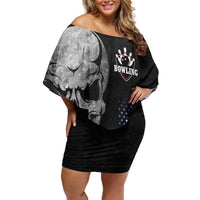 Bowling Skull Family Matching Off Shoulder Short Dress and Hawaiian Shirt with American Flag and Custom Name Text Design - Wonder Print Shop