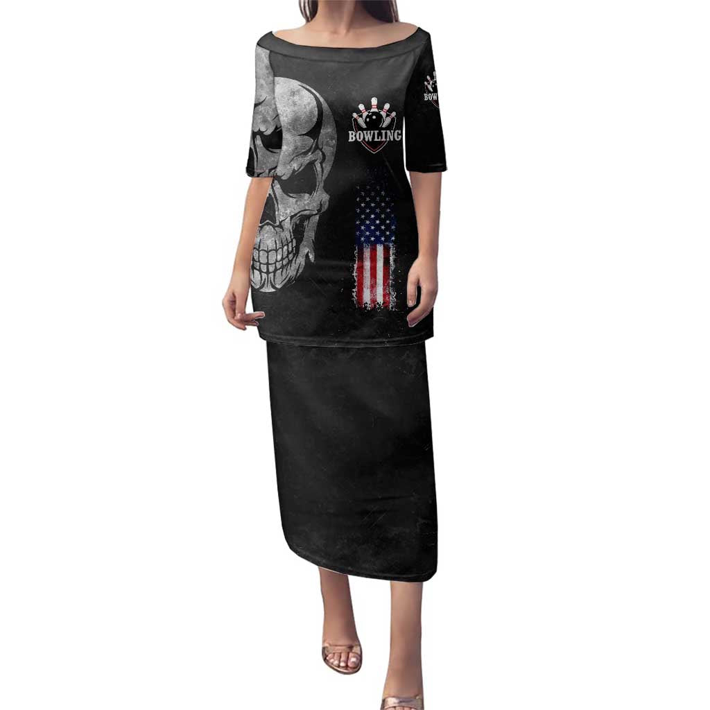 Bowling Skull Family Matching Puletasi and Hawaiian Shirt with American Flag and Custom Name Text Design - Wonder Print Shop