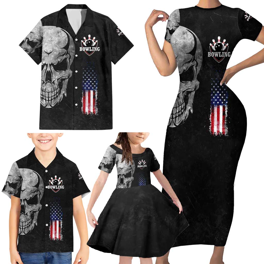 Bowling Skull Family Matching Short Sleeve Bodycon Dress and Hawaiian Shirt with American Flag and Custom Name Text Design - Wonder Print Shop