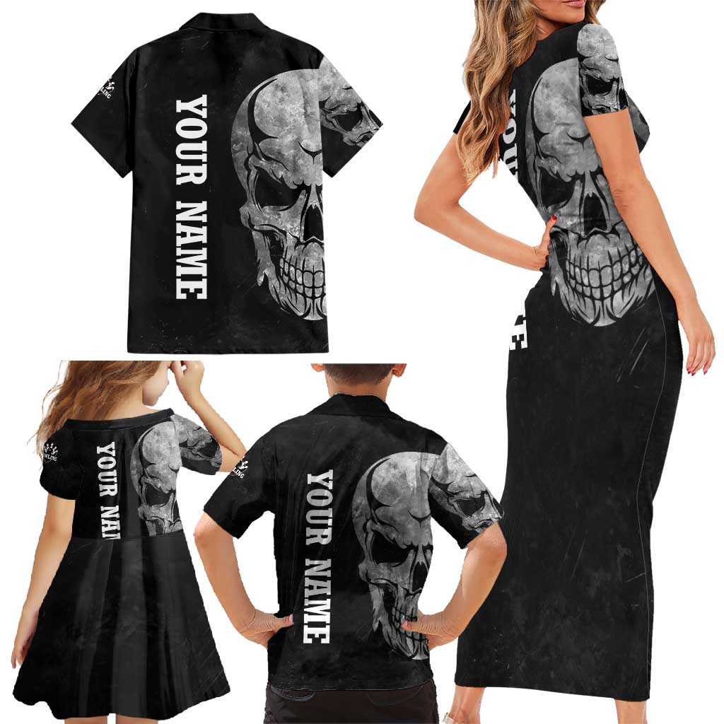 Bowling Skull Family Matching Short Sleeve Bodycon Dress and Hawaiian Shirt with American Flag and Custom Name Text Design - Wonder Print Shop