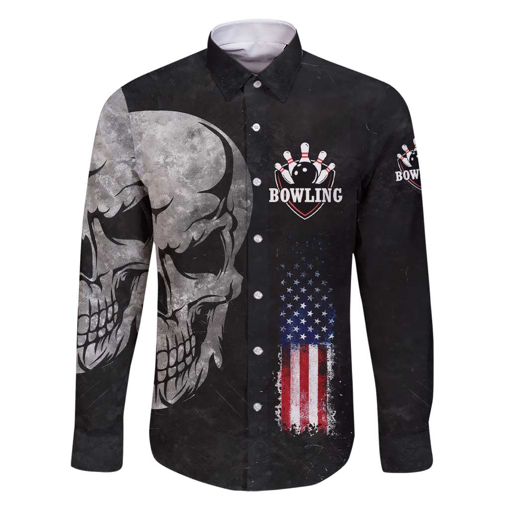 Bowling Skull Family Matching Short Sleeve Bodycon Dress and Hawaiian Shirt with American Flag and Custom Name Text Design - Wonder Print Shop