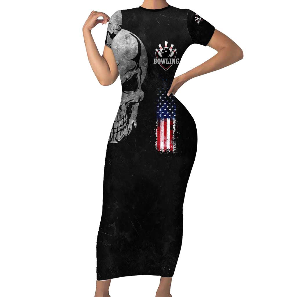 Bowling Skull Family Matching Short Sleeve Bodycon Dress and Hawaiian Shirt with American Flag and Custom Name Text Design - Wonder Print Shop