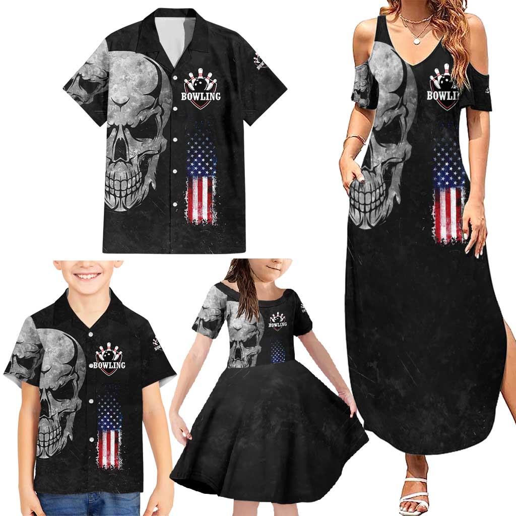 Bowling Skull Family Matching Summer Maxi Dress and Hawaiian Shirt with American Flag and Custom Name Text Design - Wonder Print Shop