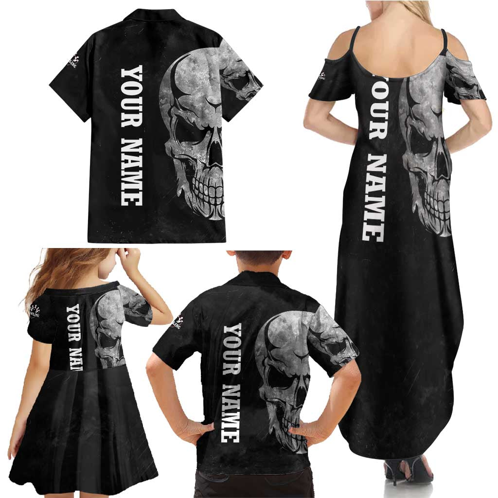 Bowling Skull Family Matching Summer Maxi Dress and Hawaiian Shirt with American Flag and Custom Name Text Design - Wonder Print Shop